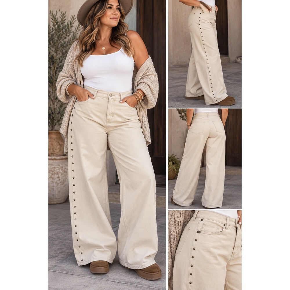 NWT Old Navy High-Rise Baggy Wide-Leg Studded Jeans Cream Western Size 22